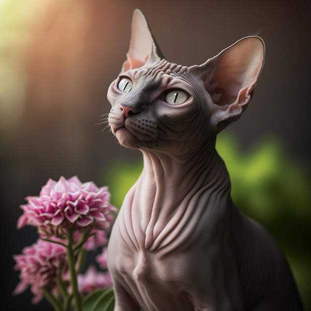 Realistic spaynx cat on ravishing natural outdoor background