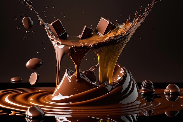 Realistic splash flowing chocolate or cocoa with chocolate pieces AI Generation