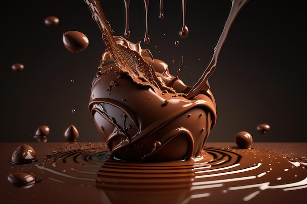 Realistic splash flowing chocolate or cocoa with chocolate pieces AI Generation