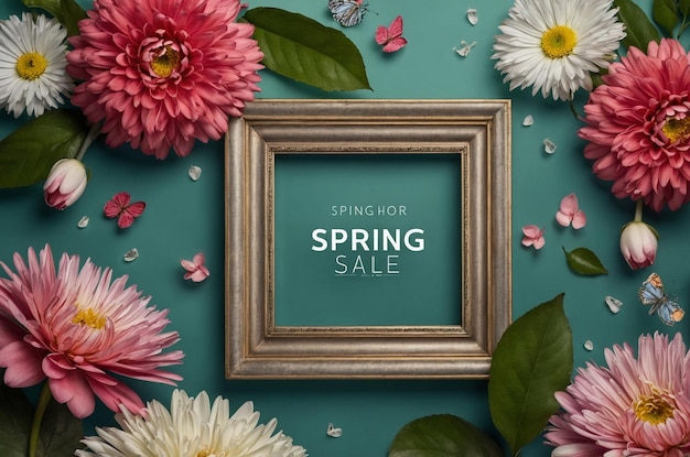 Realistic spring sale with flowers and frame