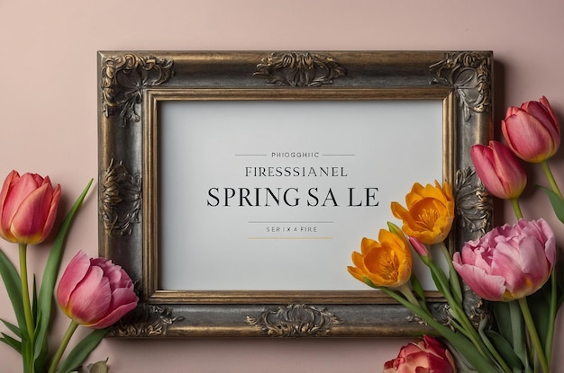 Realistic spring sale with flowers and frame