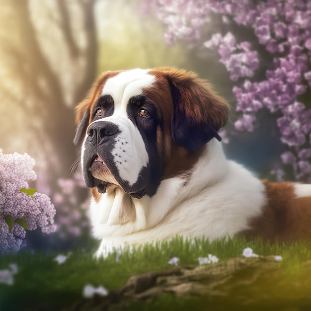 Realistic st bernard dog on ravishing natural outdoor background