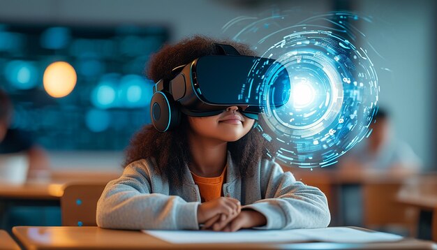 Photo realistic student in modern classroom immersed in ai machine learning with vr headset 3d hologram