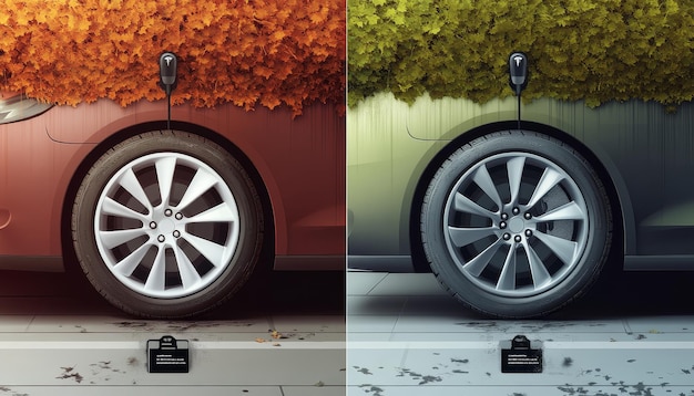 Photo realistic style comparison of electric vehicle ev tires vs petrol diesel car tires emphasizing