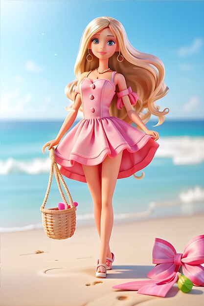 Photo realistic summer barbie with short dress and ladies' bag in sea view 8k