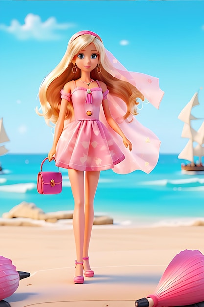 Photo realistic summer barbie with short dress and ladies' bag in sea view 8k