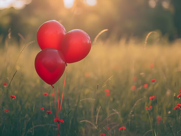 A realistic sunset photo of the red balloons on the blue sky background High quality