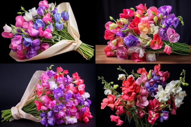 Photo realistic sweet peas in a bouquet in the wrapper