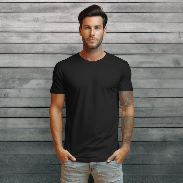 Realistic t shirt mockup featuring a model wearing it showcasing how the design looks when worn