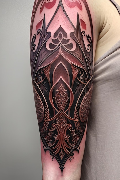 Realistic tattoo design of a fantasy scenery gothic ornamentation in crimson and bronzewhite background Ai generated