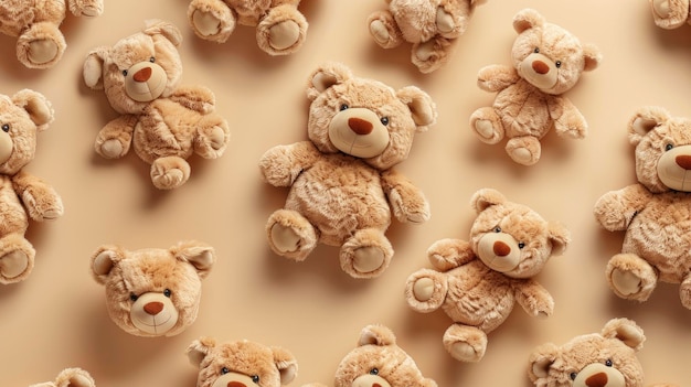 Realistic teddy bears apart from each other photo pattern flat color background