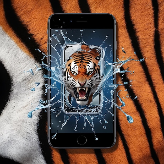 Realistic Tiger Illustration Coming Out of Smartphone