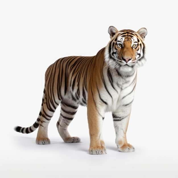 A realistic tiger is standing in front of a white background.