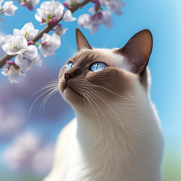 Realistic tonkinese cat on ravishing natural outdoor background