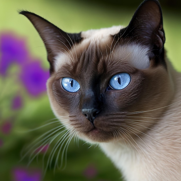 Realistic tonkinese cat on ravishing natural outdoor background