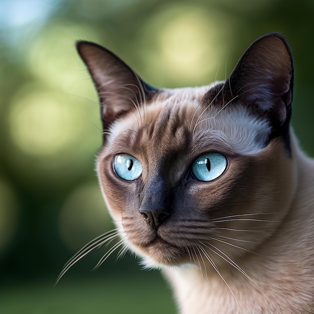 Realistic tonkinese cat on ravishing natural outdoor background