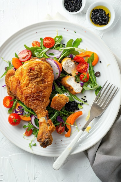 Photo realistic topview photo of grilled chicken salad and vegetables on a white plate with a tablecloth fork knife and black pepper sauce