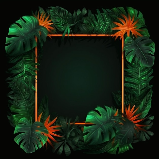 Realistic tropical leaves with neon frame