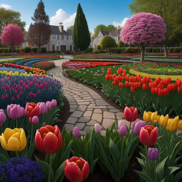 Realistic tulip flower on garden