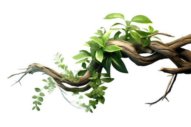 Realistic twisted jungle branch with plant growing isolated on a white background