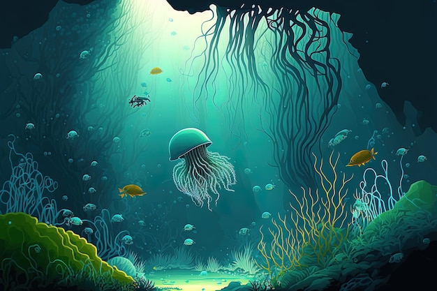 A realistic underwater environment with plants and jellyfish