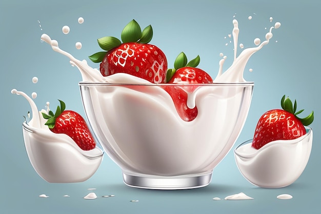 Photo realistic vector strawberry in milk or yogurt with drops bowl of natural yogurt or cream