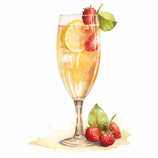 Realistic Watercolor Illustration Of A Champagne Cocktail With Strawberries And Lemon