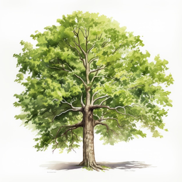 Realistic Watercolor Illustration Of A Green Oak Tree With Hyperdetailed Rendering