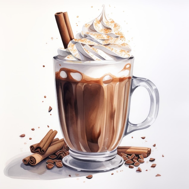 Realistic Watercolor Illustration Of Hot Chocolate Cocktail