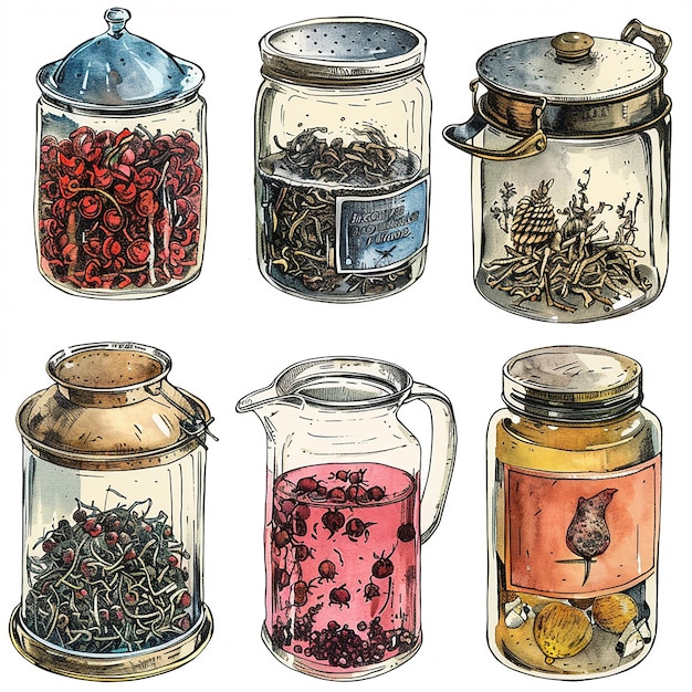 Photo realistic watercolor and line art of teas tea jars and tins