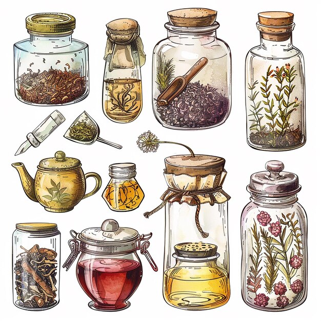 Photo realistic watercolor and line art of teas tea jars and tins