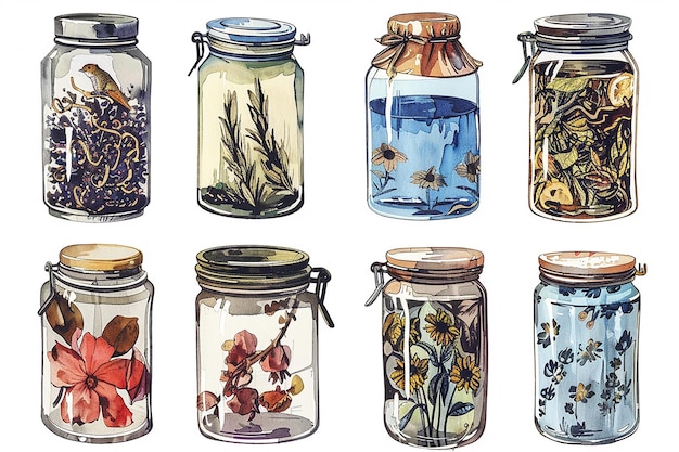 Realistic Watercolor and Line Art of Teas Tea Jars and Tins