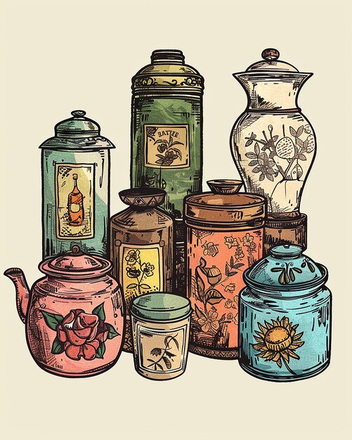 Photo realistic watercolor and line art of teas tea jars and tins