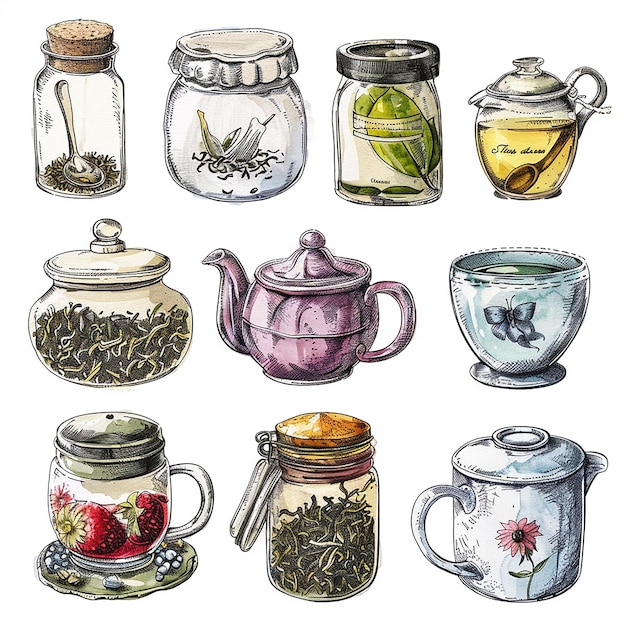 Photo realistic watercolor and line art of teas tea jars and tins