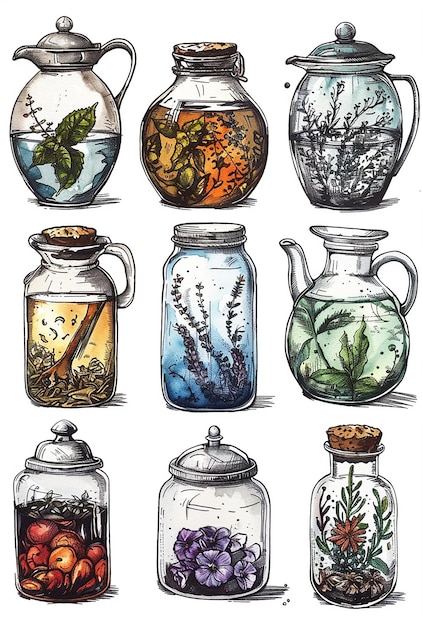 Realistic Watercolor and Line Art of Teas Tea Jars and Tins