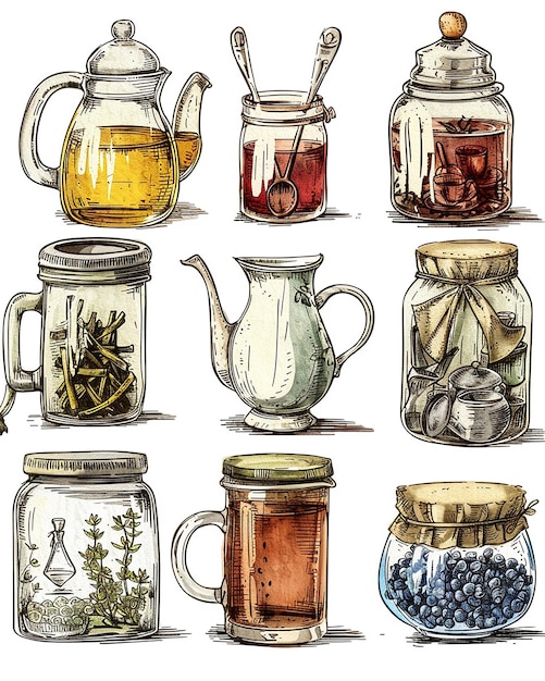 Photo realistic watercolor and line art of teas tea jars and tins