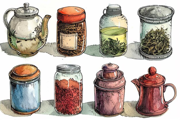 Photo realistic watercolor and line art of teas tea jars and tins