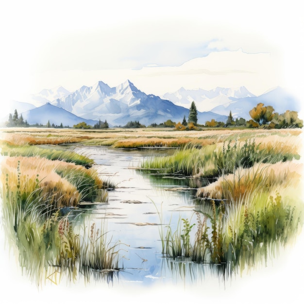 Realistic Watercolor Meadow With Mountains Illustration