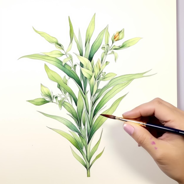 Photo realistic watercolor painting of green plants with elegant inking techniques