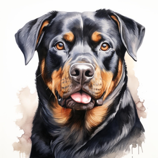 Realistic Watercolor Portrait Of Rottweiler Calm Focused And Cute Expression