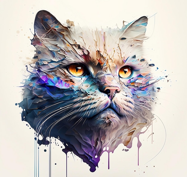 Realistic watercolor white cat illustration white background