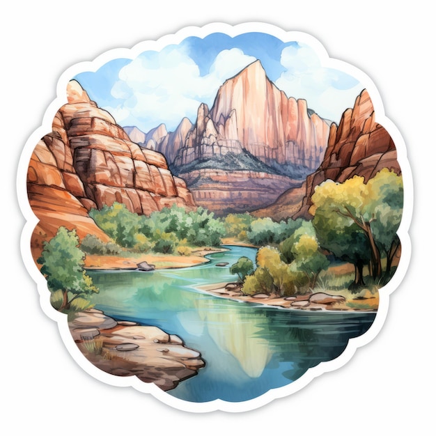 Photo realistic watercolor zion canyon landscape scenic sticker