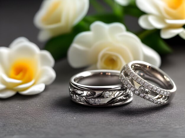 Realistic wedding rings and flowers captured in a medium shot with sharp focus highly detailed high quality HDR UHD visuals Generative AI Generated