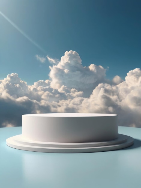 Realistic white fluffy clouds in product podium