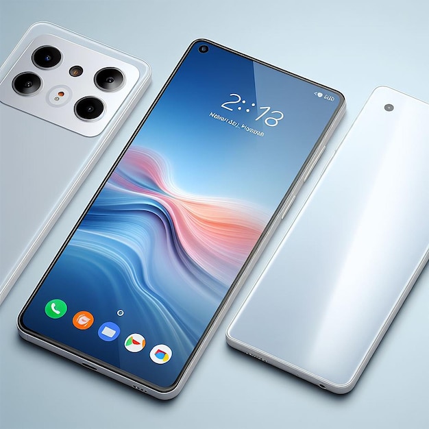 Realistic white smartphone design with three cameras