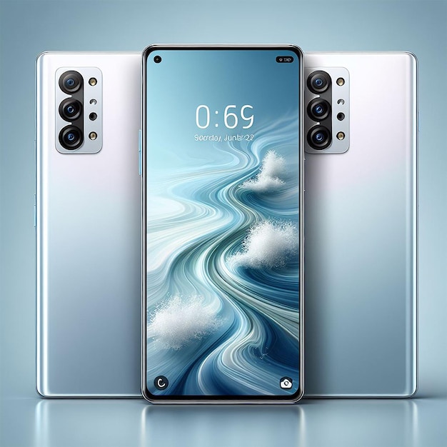 Realistic white smartphone design with three cameras