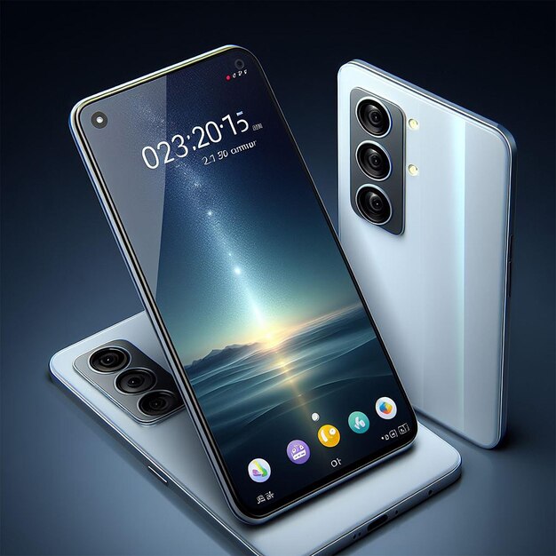 Realistic white smartphone design with three cameras