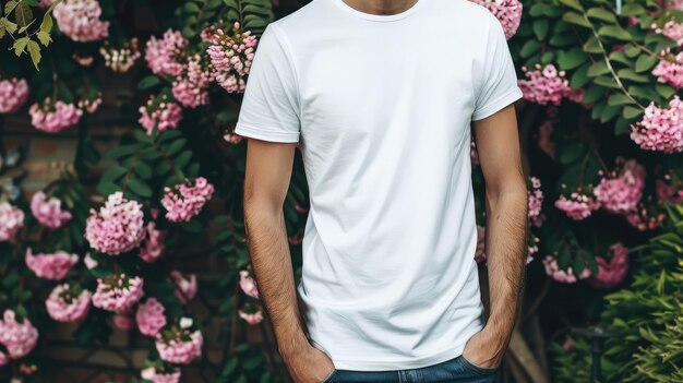 Photo realistic white tshirt mock up blank put on young man copy space for presentation advertising