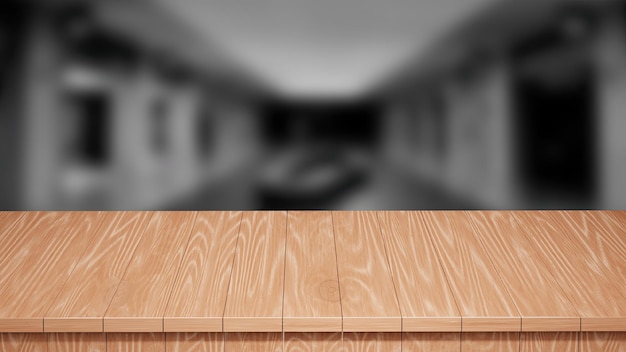 Realistic Wood Table top front view 3d render with a blurred background