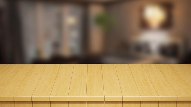 Realistic Wood Table top front view 3d render with a blurred background